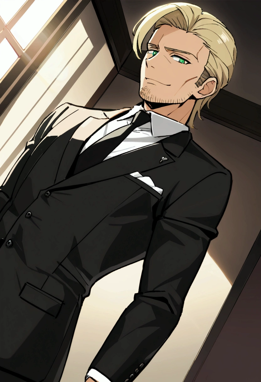 1man, veteran spy agent, handsome mature, business hair with asymmetrical bangs, narrow stubble, green platina blond hair, emerald eyes, 45yo, charming caucasian, ordinary uncle, pentagon shaped head, BREAK ideal ratio body proportions, middle weight muscular, beautiful detailed eyes, dark iris, BREAK solo, businessman in black suit, black necktie, white shirt, softly smile, BREAK upperlegs, dandy posing, dramatic expression, 2000s, visual novel, in newest eroge style, dutch angle, flat shadows, soft lighting, lens flare, light leaks, masterpiece, best quality