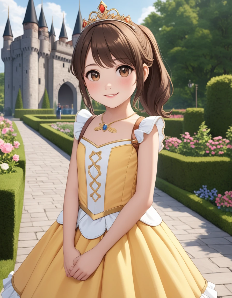 masterpiece, best quality, highres, 1girl, long hair, one side up, solo, ponytail,brown hair, masterpiece, best quality, highres, 1girl, 9 , solo, brown hair, short hair, brown eyes, mole under eye, cowboy shot,, princess dress, princess Costume,bowtie, smile (princess:1.2), frilled dress, tiara, castle, outdoor, garden, wearing randoseru backpack, (randoseru backpack:1.2), outdoor, day