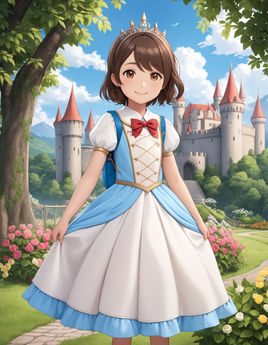 masterpiece, best quality, highres, 1girl, long hair, one side up, solo, ponytail,brown hair, masterpiece, best quality, highres, 1girl, 9 years old, solo, brown hair, short hair, brown eyes, mole under eye, cowboy shot,, princess dress, princess Costume,bowtie, smile (princess:1.2), frilled dress, tiara, castle, outdoor, garden, wearing randoseru backpack, (randoseru backpack:1.2), outdoor, day