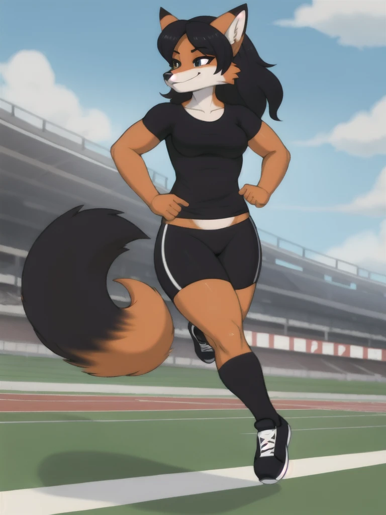 Furry, fox, female, black shirt, black leggings, shoes, running track, friends, full body