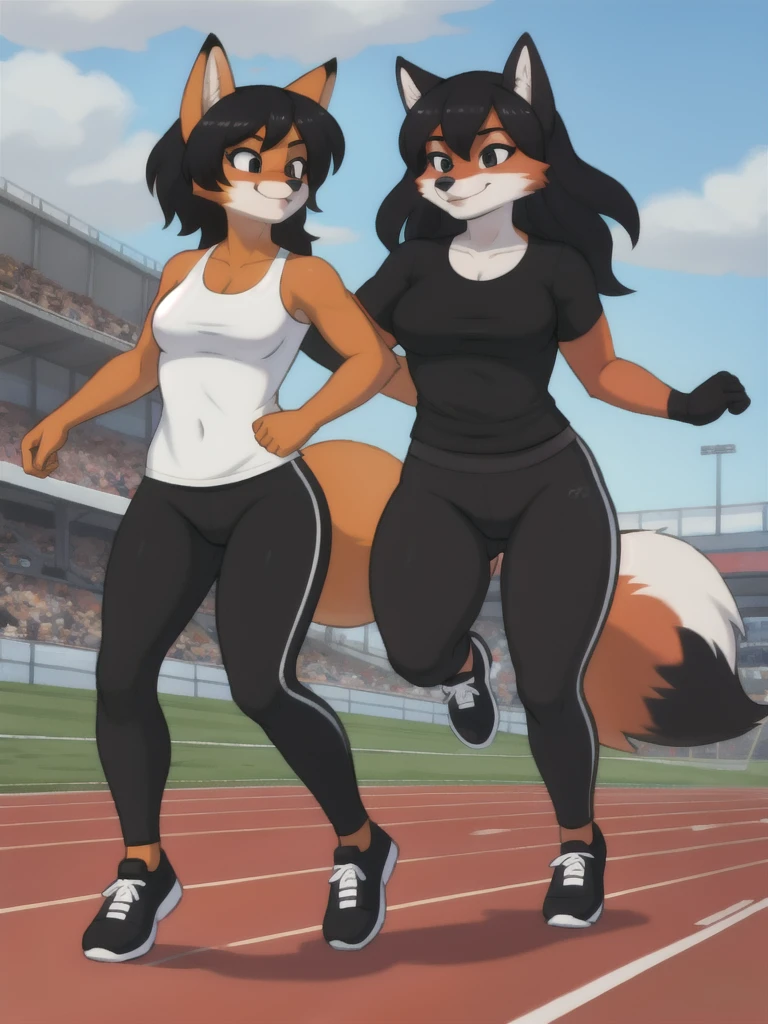 Furry, fox, female, black shirt, black leggings, shoes, running track, friends, full body