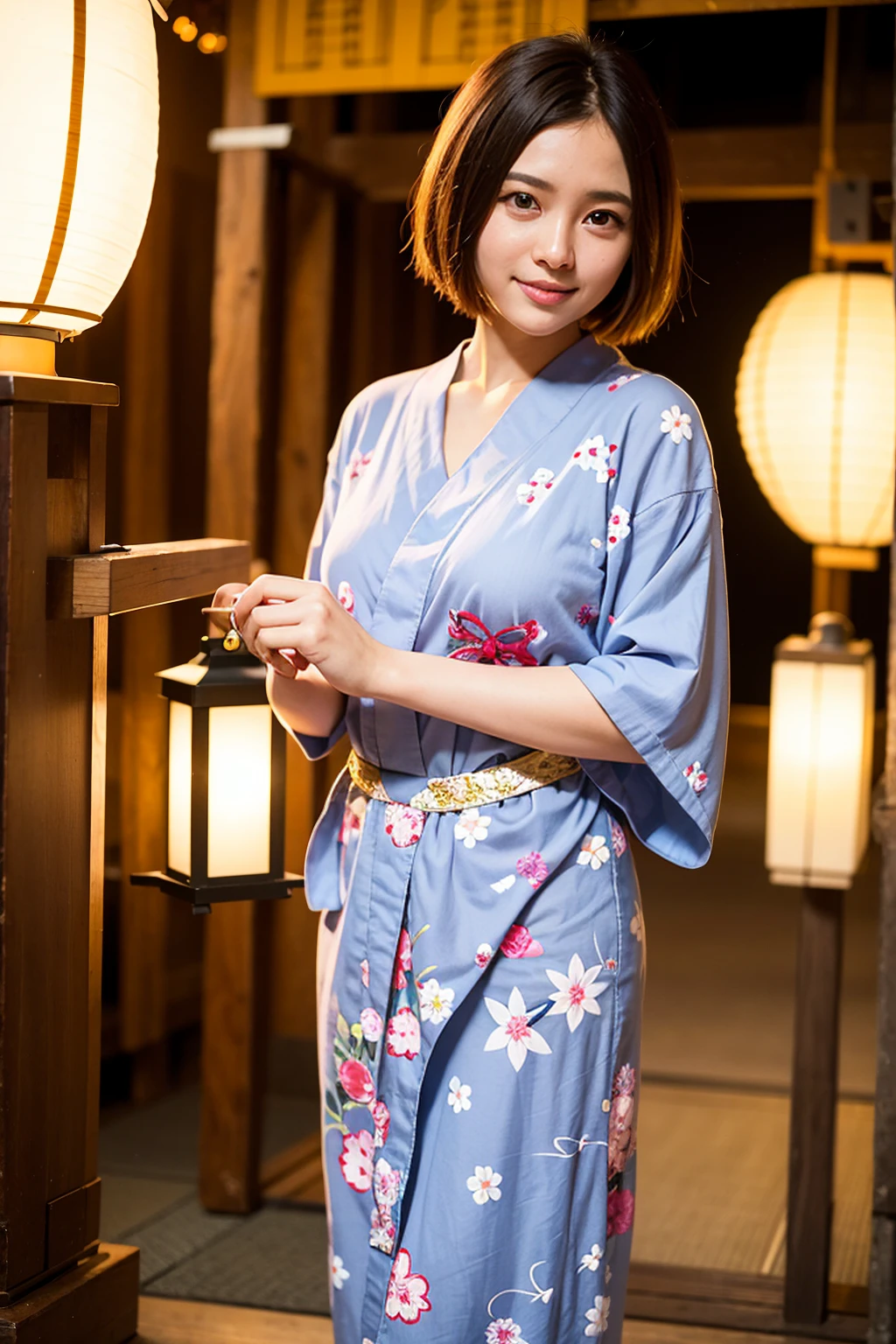 Top quality, A beautiful young woman with very short hair, wearing an elegant yukata adorned with delicate floral patterns. She stands gracefully under a lantern-lit path at a traditional Japanese festival. The soft glow of the lanterns highlights her serene smile and the intricate details of her yukata, creating a captivating and enchanting atmosphere.