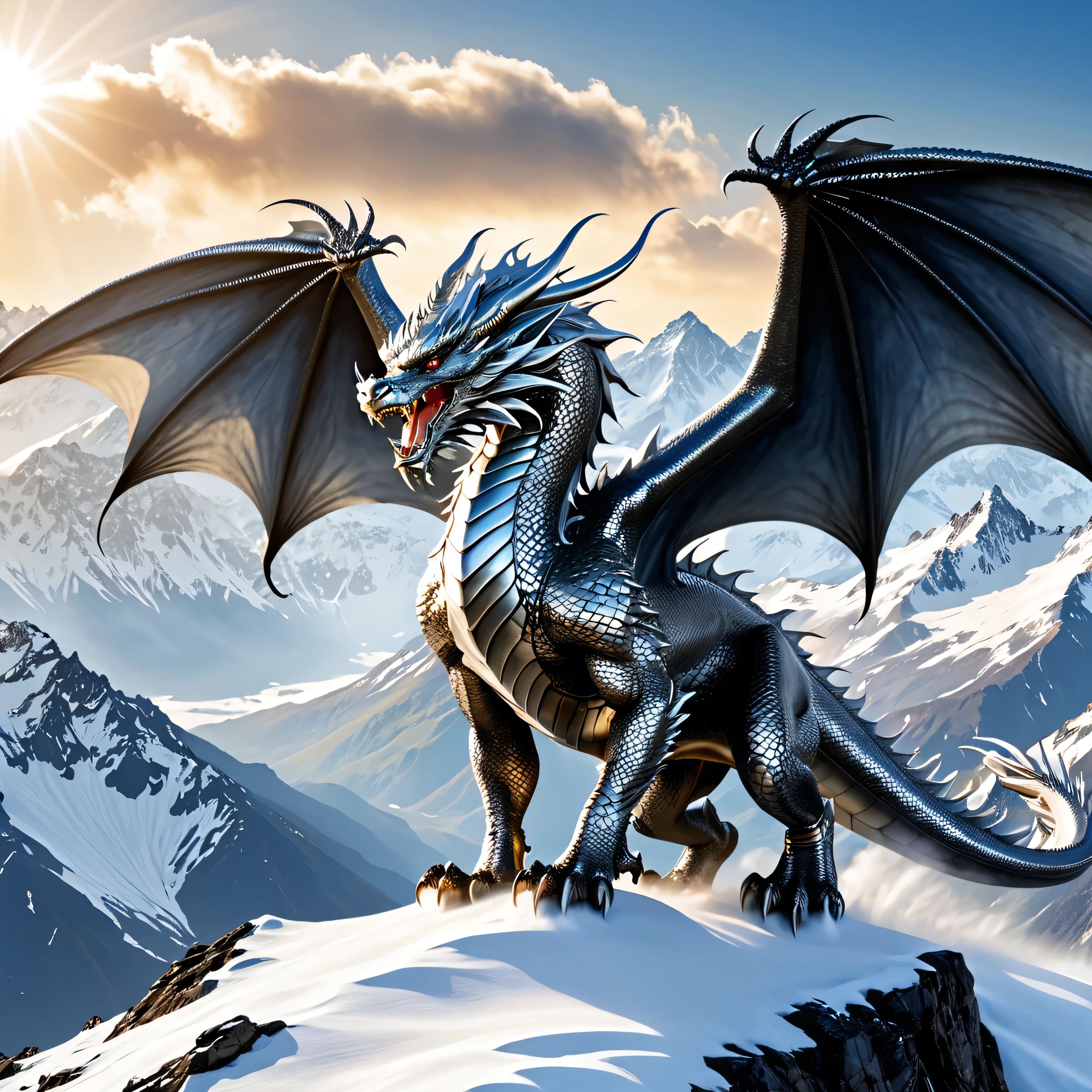 extreme long shot, heroic view, BREAK, A silver dragon with (2 wings) on a cloud shrouded mountain top, ((((wind blown snow in the forground )))), BREAK, BREAK, mystical creature, realistic, ultra detailed, majestic, masterpiece, dynamic pose, sun rise lighting, snowy mountain top background