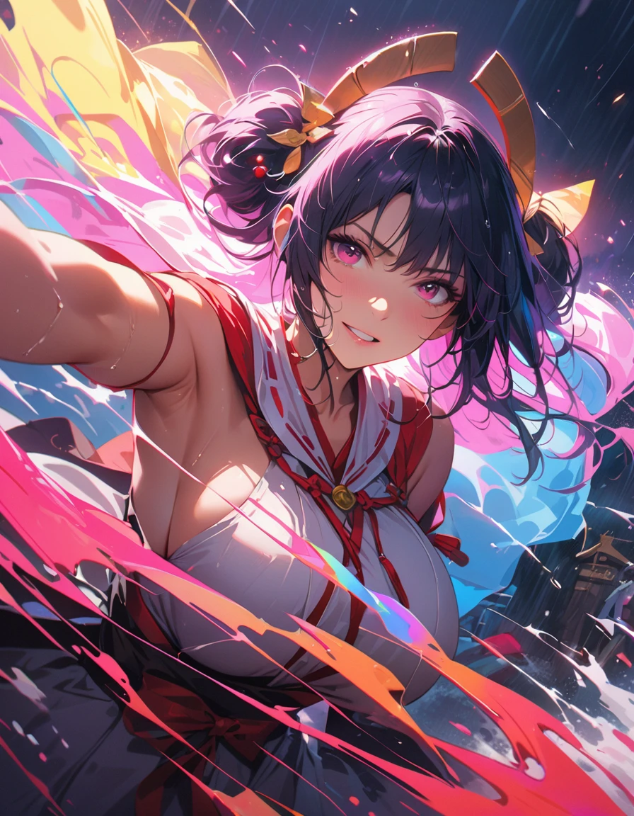 Highest quality, Super detailed, (Ultra-high resolution,8k), Ultra-high definition 4K, (Perfect Anatomy), (The three pure shrine maidens:1.3), (Detailed shrine maiden costume), (Dynamic composition), (High-quality facial beauty), (In the Storm:1.2), (Photorealistic), (Detailed big breasts), Soft Skin, Glowing Skin, Bright lighting, Very heavy rain, colorful, Professional photography techniques, Stretching oneself