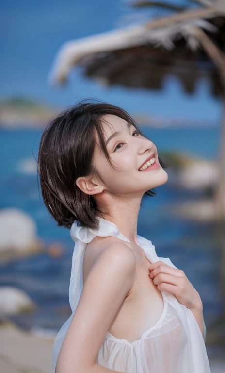 (a gorgeous korean lady, age 20s, wearing a wet white high neck t-shirt, pleated skirt, posing naturally at a windy beach, (beach by the sea:1.2),

 Joyful expression, kind smile, dimpled cheeks, short ponytail, short bob hair, cute snaggleteeth, ample round bosom, perfect body anatomy, photorealistic, beautiful detailed eyes, hyper-realism, high contrast, ultra HD, realistic skin textures, top image quality, top-quality, super high resolution, fine details, serene ambience, very meticulously, high angle shot, medium shot, cowboy shot, sun rays, lens flare, SFW)