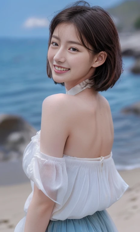 (a gorgeous korean lady, age 20s, wearing a wet white high neck t-shirt, pleated skirt, posing naturally at a windy beach, (beach by the sea:1.2),
Joyful expression, kind smile, dimpled cheeks, short ponytail, short bob hair, cute snaggleteeth, ample round bosom, perfect body anatomy, photorealistic, beautiful detailed eyes, hyper-realism, high contrast, ultra HD, realistic skin textures, top image quality, top-quality, super high resolution, fine details, serene ambience, very meticulously, high angle shot, medium shot, cowboy shot, sun rays, lens flare, SFW)