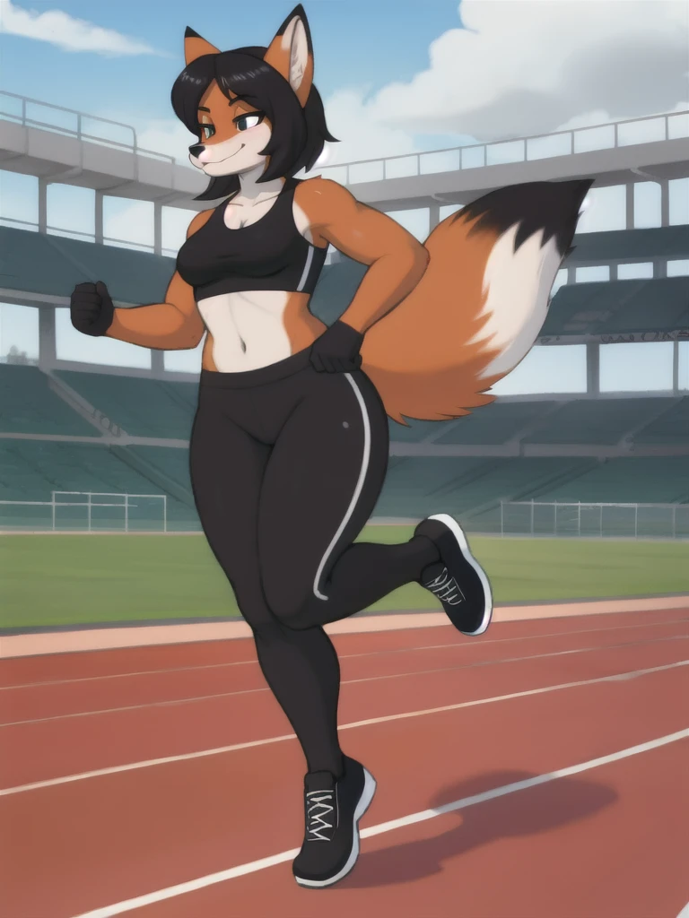 Furry, fox, female, black shirt, black leggings, shoes, running track, friends, full body