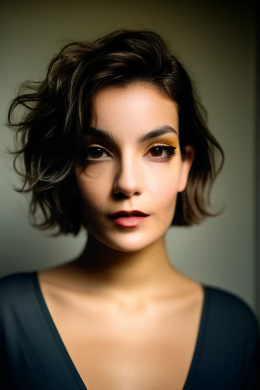 Beautiful young 22 yrs woman, (Mid-range, editorial photograph), [[wide angle photo]], (background inside dark, moody, private study:1.3), full body portrait, by lee jeffries, nikon d850, film stock photograph, 4 kodak portra 400, camera f1.6 lens, rich colors, hyper realistic, lifelike texture, dramatic lighting, cinestill 800. extremely short Aline bob hair, micro bob, Dyed platinum hair, Dark Hazel eyes, Eye contact
