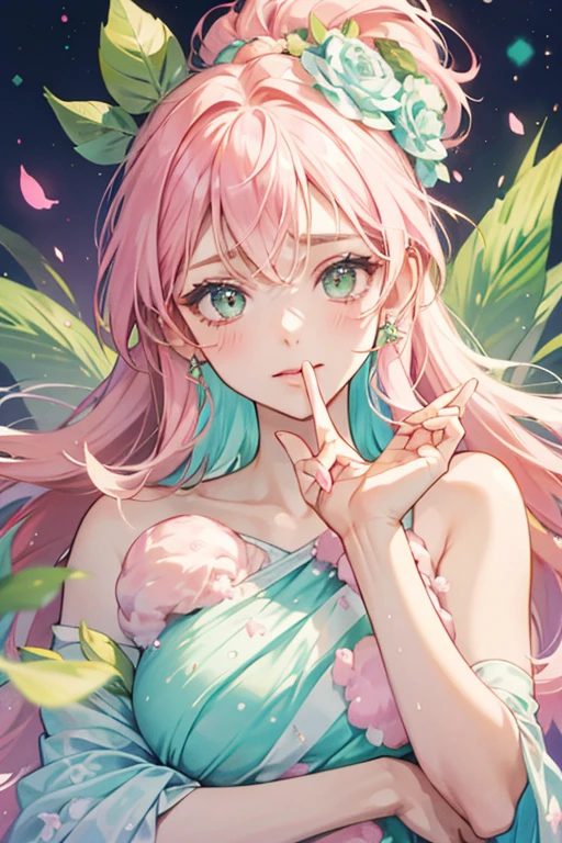A pale pink swirling ice cream girl bear with two green leaf and a hot pink swirl, reminiscent of hair. She has one shut eye and no mouth. SPARKLE; GLITTER