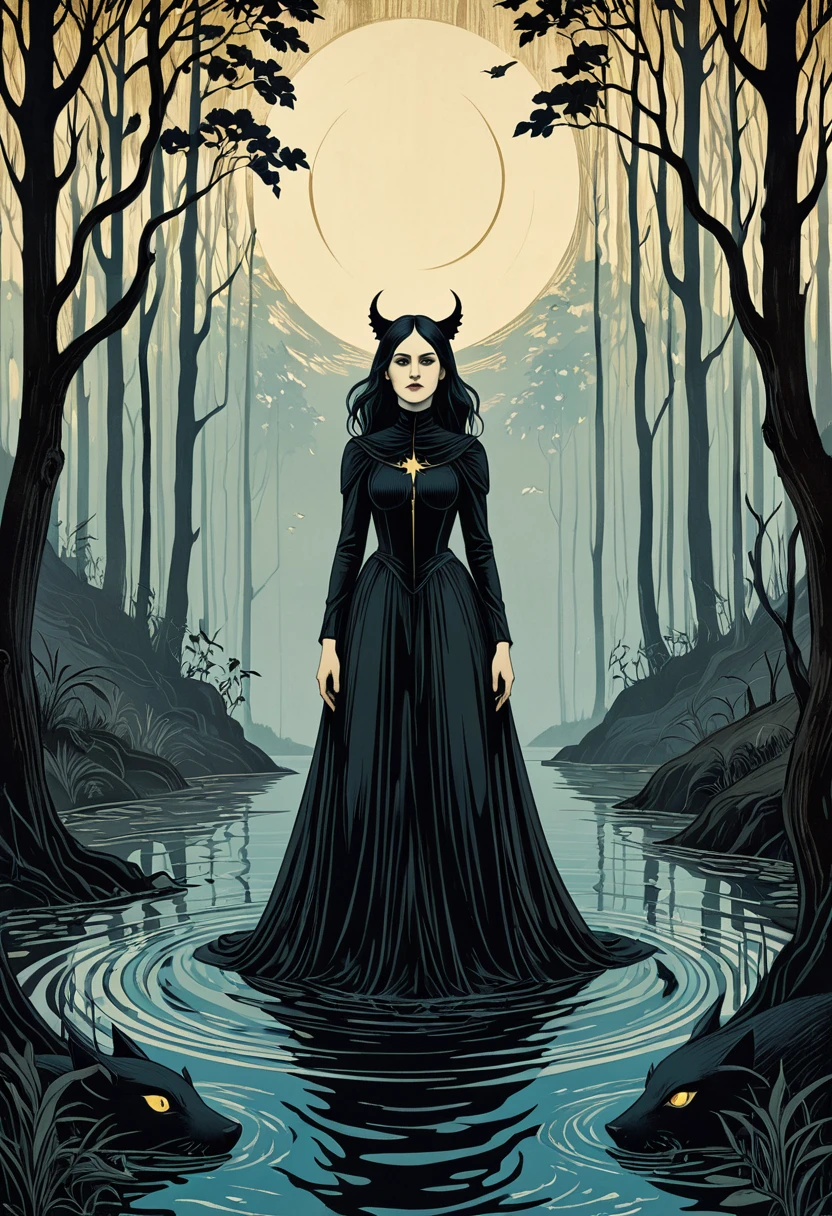 Embracing Botanical nostalgia Fresh yet warm Tina Modotti Nordic Gothic wilderness regal composition combining animalistic somewhat hostile gazes different looking women composition three women at a distance with landscape half-female/half-creature (not standard beauty) hidden but present under foliage dignity anarcha-feminism generational wisdom half-submerged under waterr shadow-play and depth fine-art woodcut and various techniques starry night warm but eerie fable childrensstory for grown-ups embracing background of systems of patriarchal government throught the ages as a theater set-up nostalgic surrealism devil present but obscure film-poster true detective style.