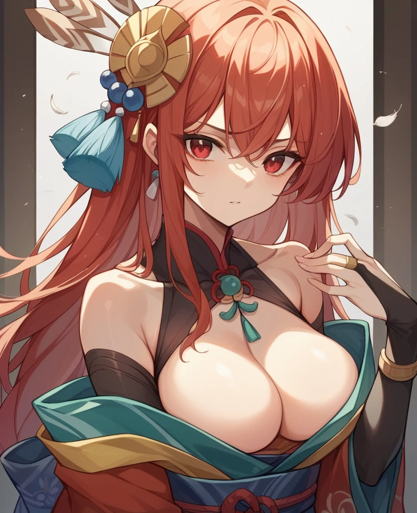 1 girl、solo、Long Hair、chest、Staring at the audience、bangs、Red eyes、Exposed shoulders、clavicle、Redhead、kimono、kimono、band、Bridal Gauntlet、Zoom Layer、Feather ornament