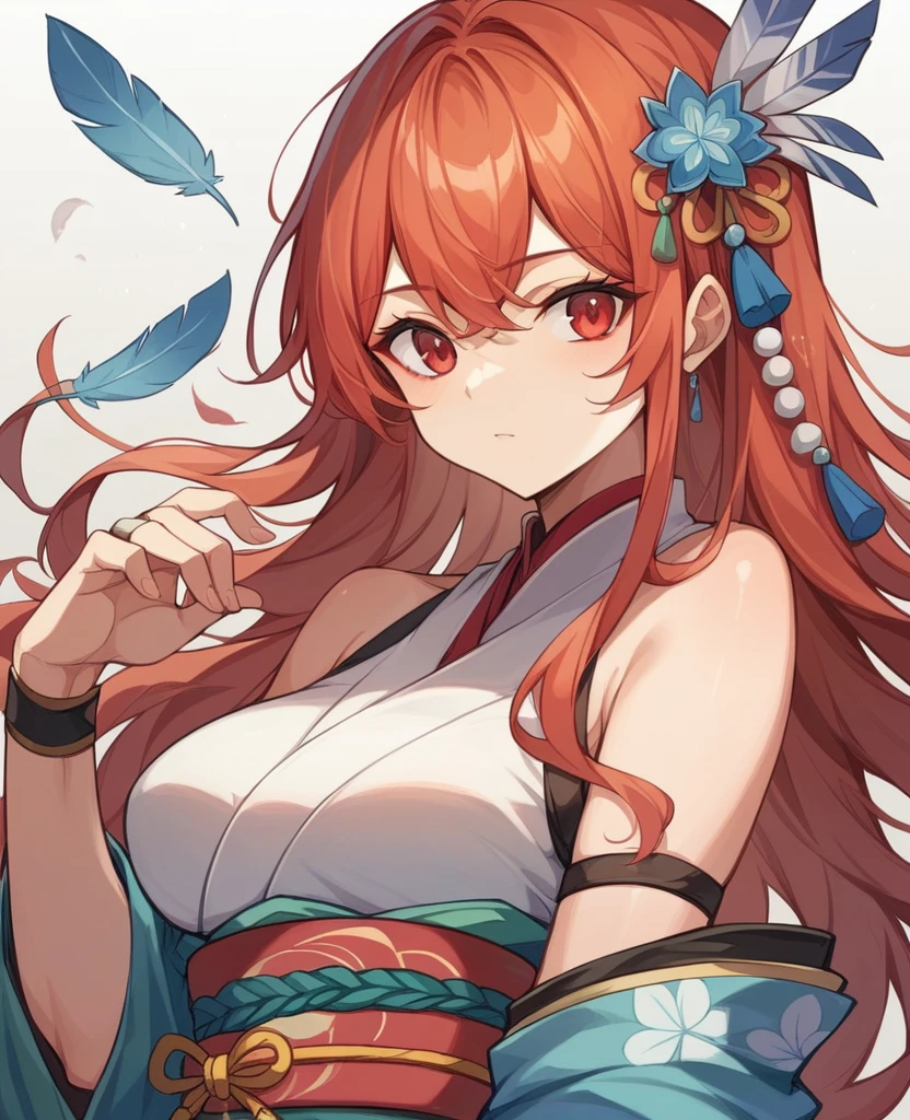 1girl, solo, long hair, breasts, looking at viewer, bangs, red eyes, bare shoulders, collarbone, red hair, japanese clothes, kimono, sash, bridal gauntlets, zoom layer, feather trim