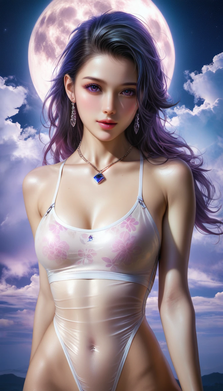score_9, score_8_superior, score_7_superior, A masterpiece in 32K resolution,Highest quality,it is really amazing,Very detailed,Ultra-high resolution,(Ultra-realistic:1.5),(Realistic:1.5),Increased depth of field,Cinematic lighting,
(Sexy adult Japan woman:1.4),
Long black hair,Ultra-detailed and beautiful face,(Gentle expression:1.1),Translucent white skin,(Realistic skin texture:1.1),
(Sexy Swimwear:1.1),
Bold design,Artistic design,Beautiful and detailed pattern,Detailed fabric texture,
Gorgeous necklace,Earrings,
Coastline at night,(Giant Moon:1.1),(Dark clouds floating in the dark night sky:1.1),
High angle,