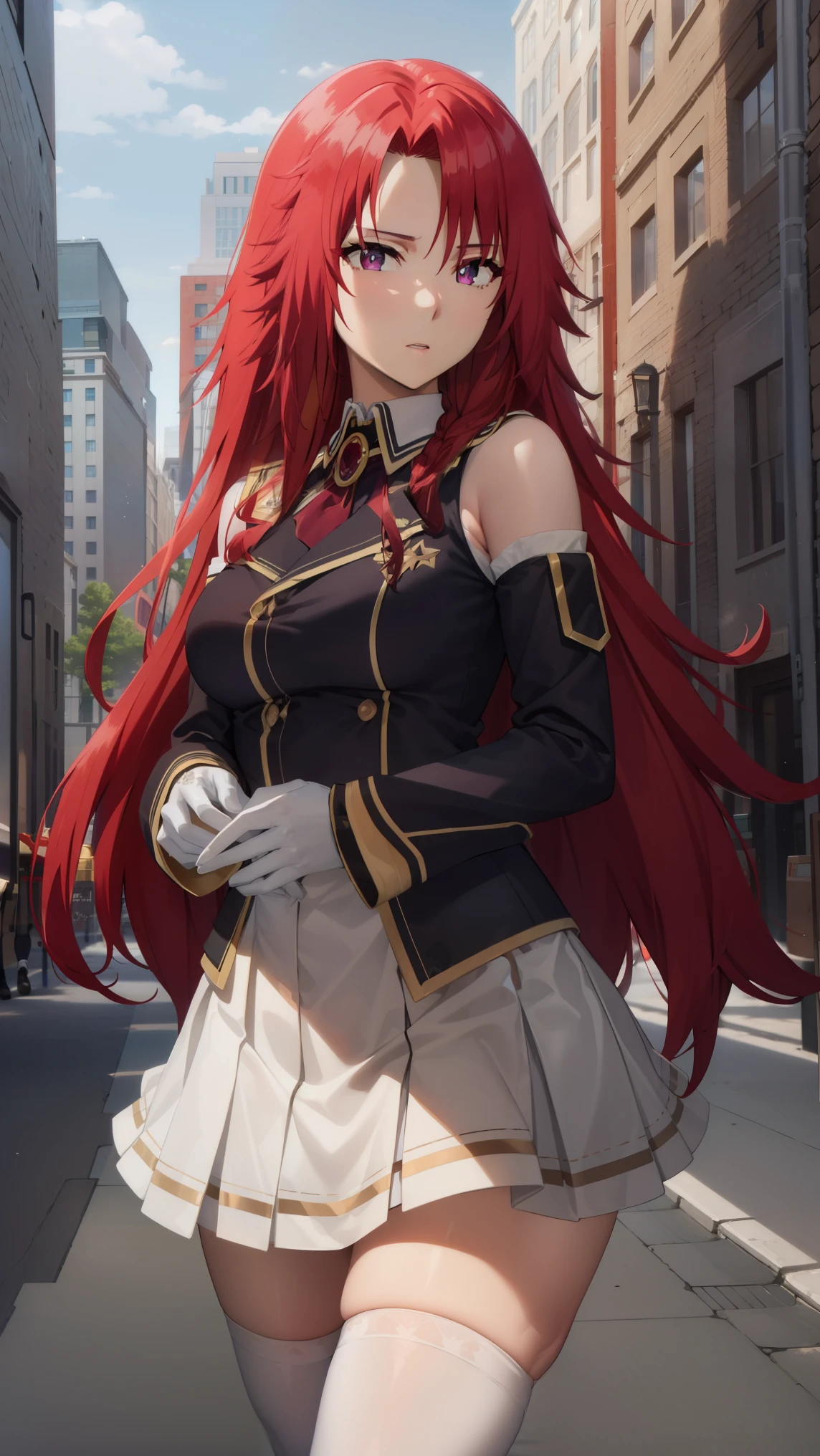 Iris,RED HAIR,RED EYES, 
BREAK detached collar, detached sleeves, frilled sleeves, frills, long sleeves, miniskirt, pleated skirt, ribbon, skirt, thighhighs, white skirt, white sleeves, white thighhighs, wide sleeves, zettai ryouiki,
BREAK outdoors, city,
BREAK looking at viewer, BREAK (masterpiece:1.2), best quality, high resolution, unity 8k wallpaper, (illustration:0.8), (beautiful detailed eyes:1.6), extremely detailed face, perfect lighting, extremely detailed CG, (perfect hands, perfect anatomy),