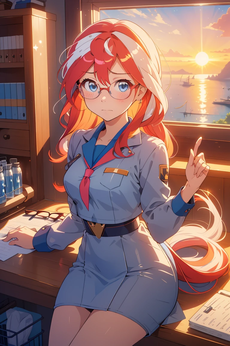 masterpiece,Best Quality,1 girl,sky_Megamanz,by the wide,blue eyes,by rubio,Horse tail,touched,shackles,white gloves,Glasses,bata de laboratory,laboratory,Science fiction,looking at the computer,frown, , mlp , sunset shimmer