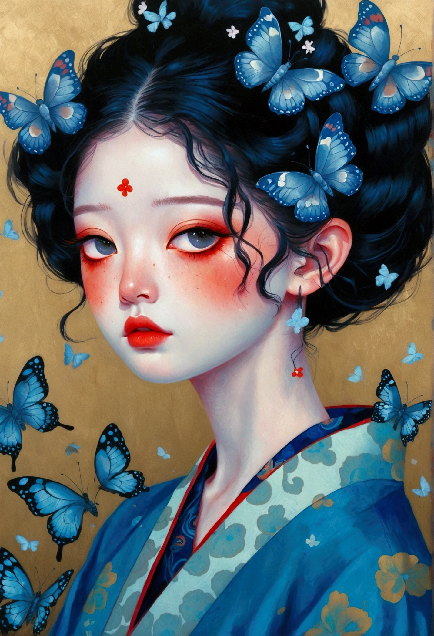 The painting shows a woman wearing a Japanese kimono，big eyes，There are butterflies and eyes on the head, James Jean (James Jean) Inspired by the extremely detailed, Popular on artstation, Pop surrealism, james jean 和 wlop, japanese Pop surrealism, Loish |, James Jean Andre Ryabovich, yanjun chengt, Beeple 和 Jeremiah Ketner, Juster Battle