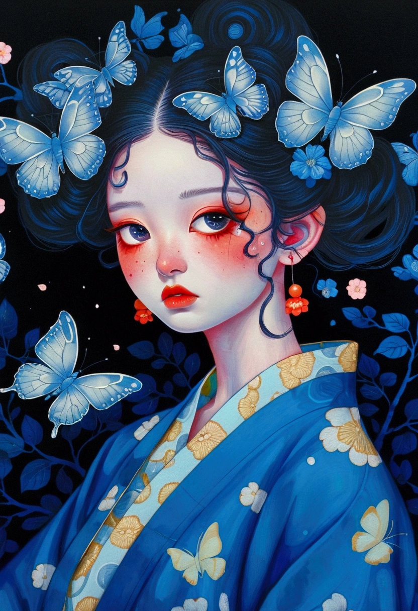 The painting shows a woman wearing a Japanese kimono，big eyes，There are butterflies and eyes on the head, James Jean (James Jean) Inspired by the extremely detailed, Popular on artstation, Pop surrealism, james jean 和 wlop, japanese Pop surrealism, Loish |, James Jean Andre Ryabovich, yanjun chengt, Beeple 和 Jeremiah Ketner, Juster Battle