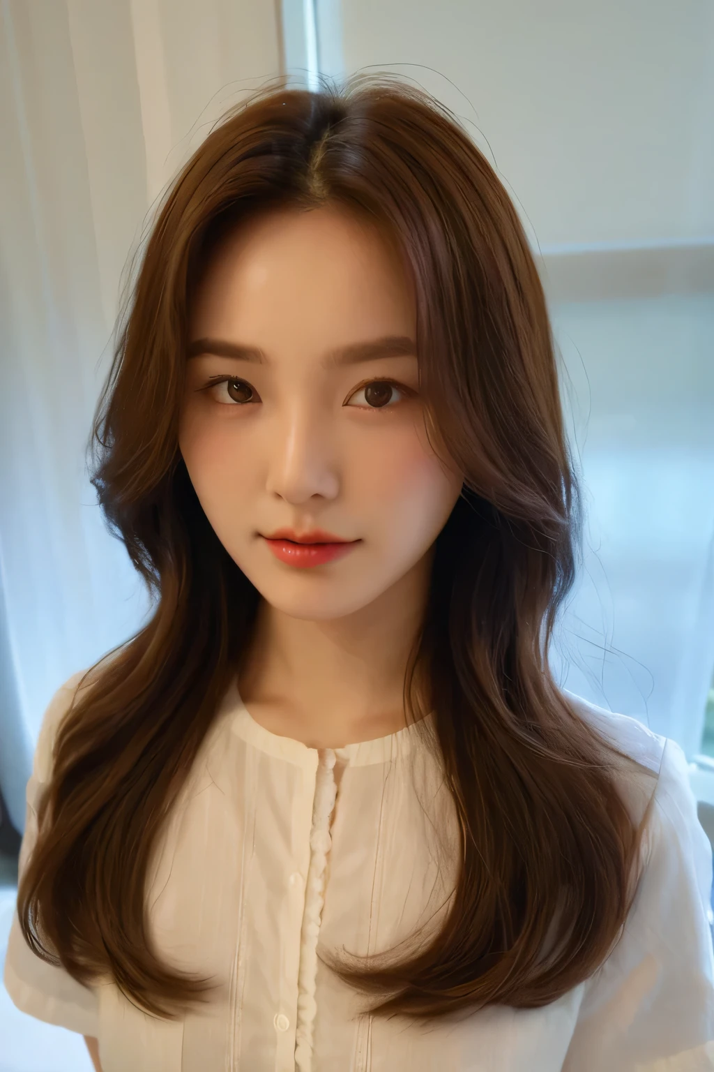 1 married woman, white T-shirt, solo, round face, 1 red mole under left eye ,35 years old, chubby cheeks, double eyelids, almond-shaped eyes, deep brown pupils, slim figure, medium length hair, dark brown hair, perfect lip shape, natural smile, pitiful expression, warm gaze, white background, minimalist style, simple background, clean lines, flat illustration style