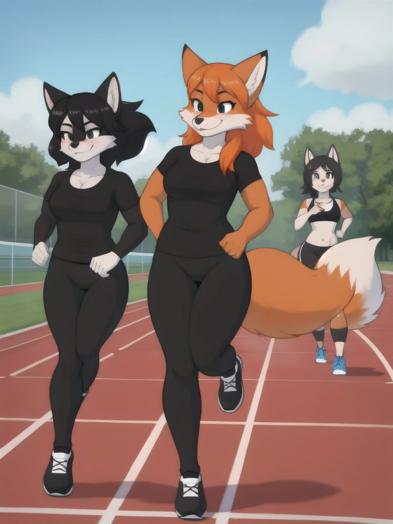 Furry, fox, female, black shirt, black leggings, shoes, running track, friends, full body