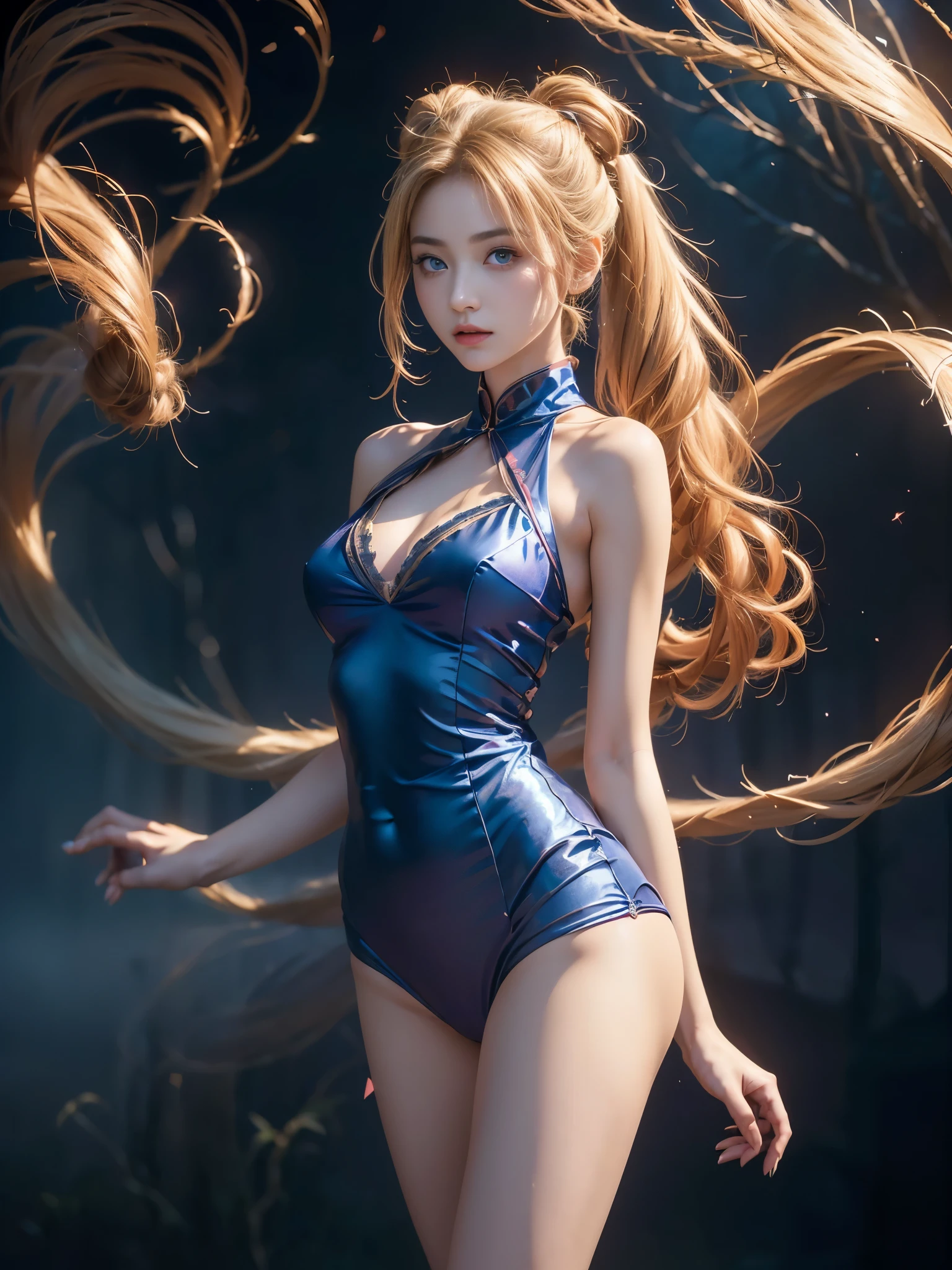((RAW photo), absurd, (absurdresolution)), masterpiece, best quality, (Extremely detailed 8k unity CG wallpaper), (best illustration), (best shadow), Realistic lighting, beautiful detailed glow, ((21 years old, the most beautiful young girl, beautiful, innocent face)), (standing looking at viewer, leg slightly bent), (luminous golden blonde hair, two big buns, long pigtails), (perfect blue pupil, defined, sharp), (((lord luna, very feminine formal suit, straw color))), ((background: hinoki trees and fog)), (her: dynamic pose of transformation to lord luna)