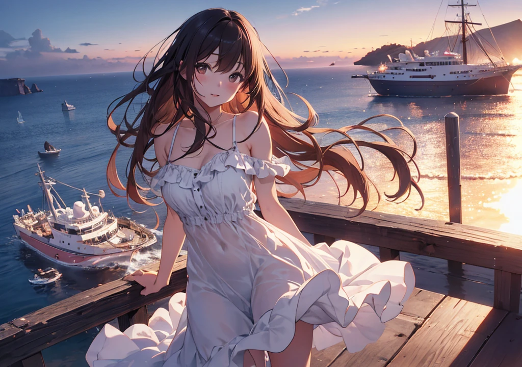 Realistic photos, Focus distance 10mm, Red and white, Beautiful girl, Realistic photos, Shooting at focus distance 10mm, masterpiece, 最high quality, high quality, Very detailed CG 8k wallpaper unit, Award-winning photography, Depth of written boundary, High resolution, bloom, chromatic aberration, Realistic, Very detailed, Art Station Trends, CGsociety Trends, Complex, High detail, dramatic, Art on the go, volumetric lighting, Beautiful girl in Santorini port : Beautiful girl in a white sundress stands on a pier in Santorini port, with blue sea and moored ships visible behind her