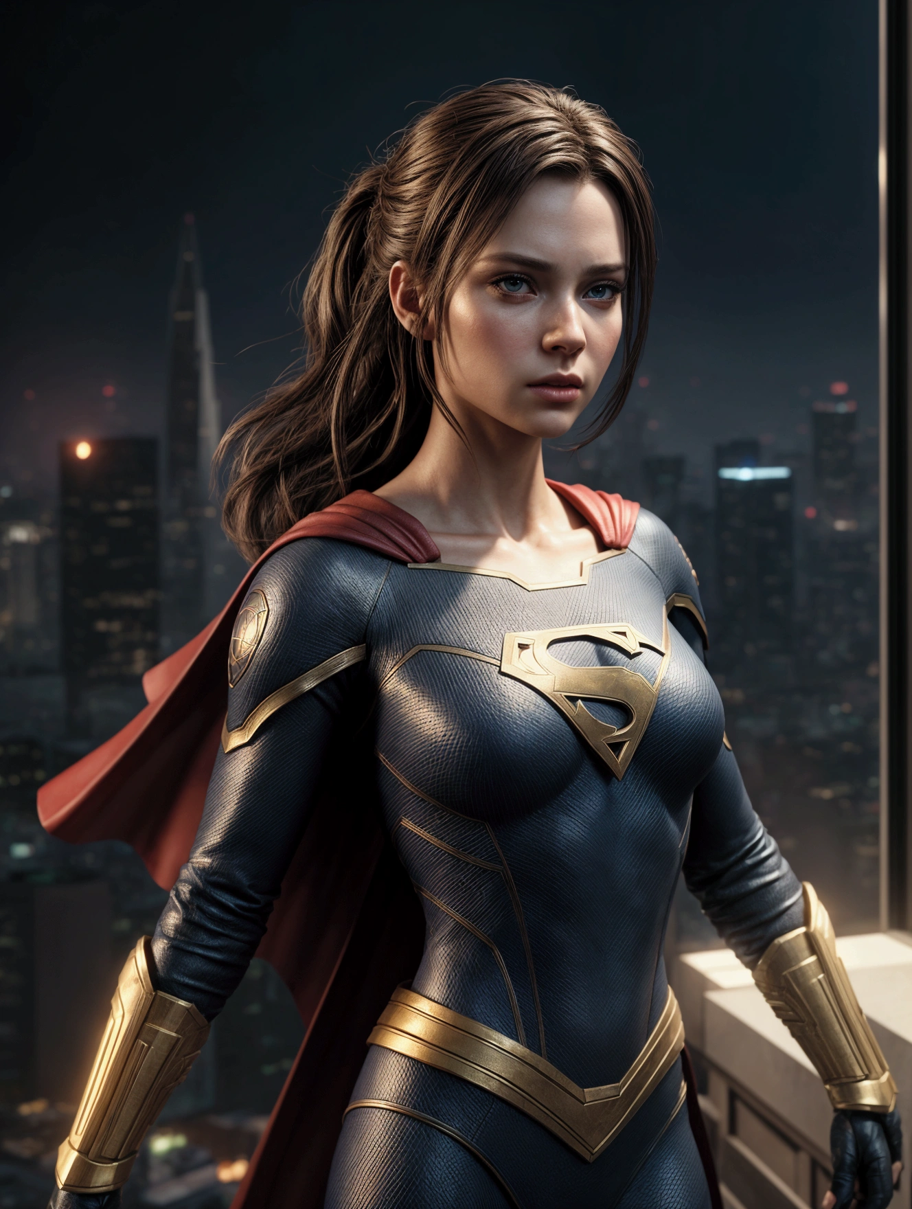 Super Girl, Over the city, Ready to fight, Detailed artistic photography, Beautiful and delicate face, Dreamy, glowing, Backlight, charm, glow, shadow, Oil on canvas, Brushstrokes, Soft, Ultra HD, 8K, Unreal Engine 5, Super sharp focus, Artistic Germ, Loish, san francisco, complex art masterpiece, threaten, Matte paint movie poster, Golden Ratio, cgsociety Trends, complex, epic, Very detailed, Energetic, production cinematic character render, High quality model