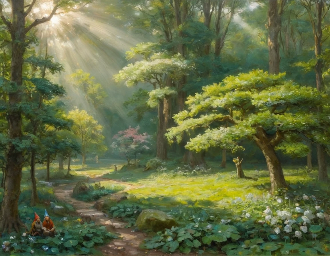 Paint a Celtic landscape with gnomes in tree leaves, rays of light pass through the leaves of the trees. Pre-Raphaelite painting, celtic landscape.