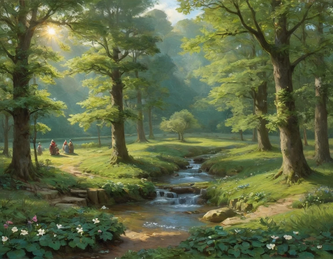 Paint a Celtic landscape with gnomes in tree leaves, rays of light pass through the leaves of the trees. Pre-Raphaelite painting, celtic landscape.