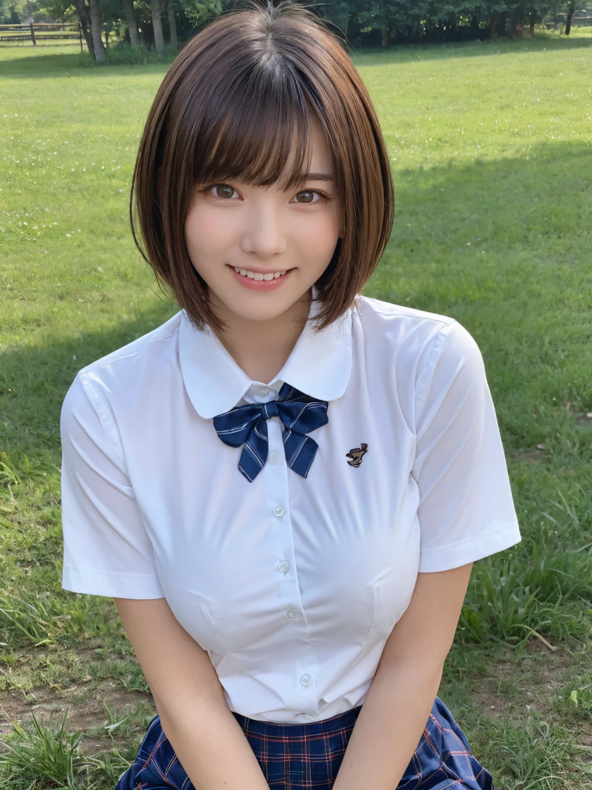 One Girl, (beautiful girl, Delicate girl:1.3), (:1.3),
break, (Lush countryside　background:1.2),
break, Embarrassed laugh, Very beautiful eyes, (Symmetrical eyes:1.3),
break, (Big Breasts:1.3), Wet school uniform:1.3, Brown eyes, Parted bangs, Brown bob cut hair, Round face, cute,
break, (Eye and facial details:1.0),
break, (masterpiece, Highest quality, Very detailed, Detailed face, 8k)