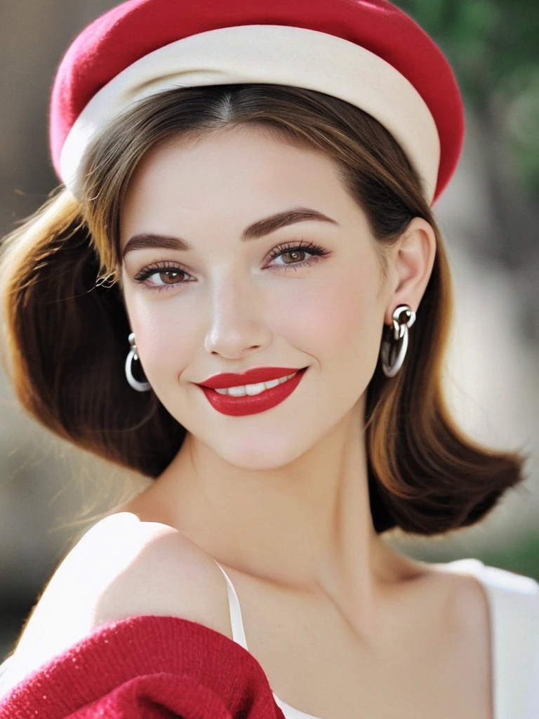 Realistic, detailed, 4d, full body photography of a young woman, smiling with smooth, white skin and long, wavy black hair. She poses with her face turned to the side looking at the camera, looking very charming. She is wearing a red beret with a medium red and white heart pin on the front side of the beret. Her eyes are clear, almond-shaped, and black, with light eyeliner highlighting them. She has straight black eyebrows and is wearing red lipstick that matches her beret. She is wearing a red off-shoulder top with a white undershirt detail on the sleeves. She also wears a single earring hanging from her left ear. The background is a soft, blurred pink. 124K, HD, hyper realistic.