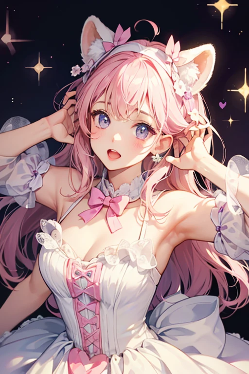 A pale pink ice cream girl bear with waffle ears and a white chocolate kiss on her head with a lavender bow. She has a wide opened mouth. SPARKLE; GLITTER