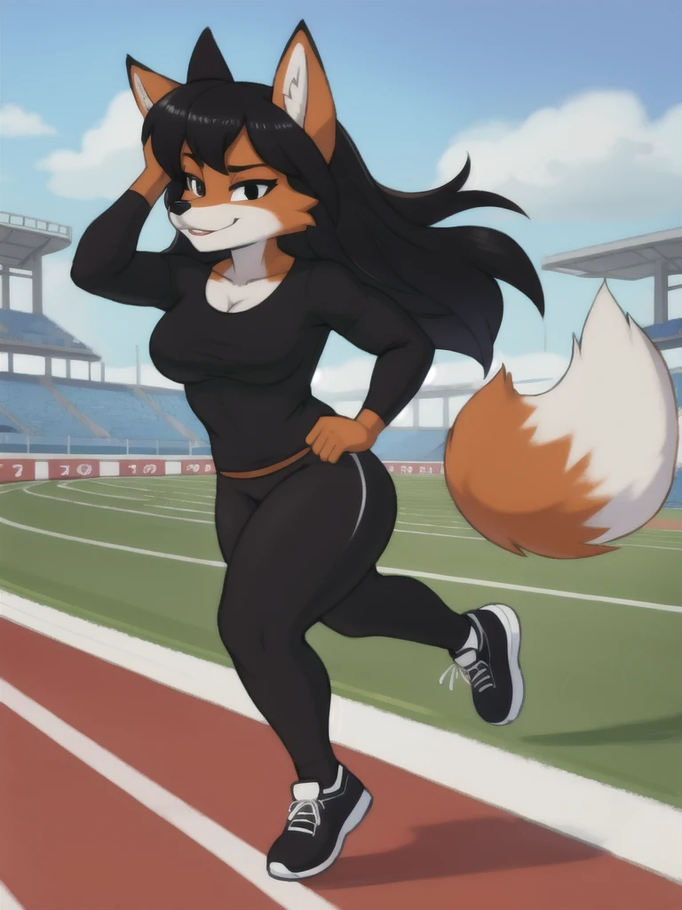 Furry, fox, female, black shirt, black leggings, shoes, running track, friends, full body