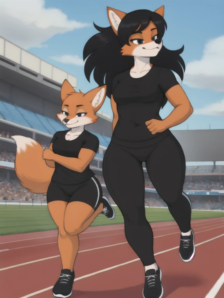 Furry, fox, female, black shirt, black leggings, shoes, running track, friends, full body