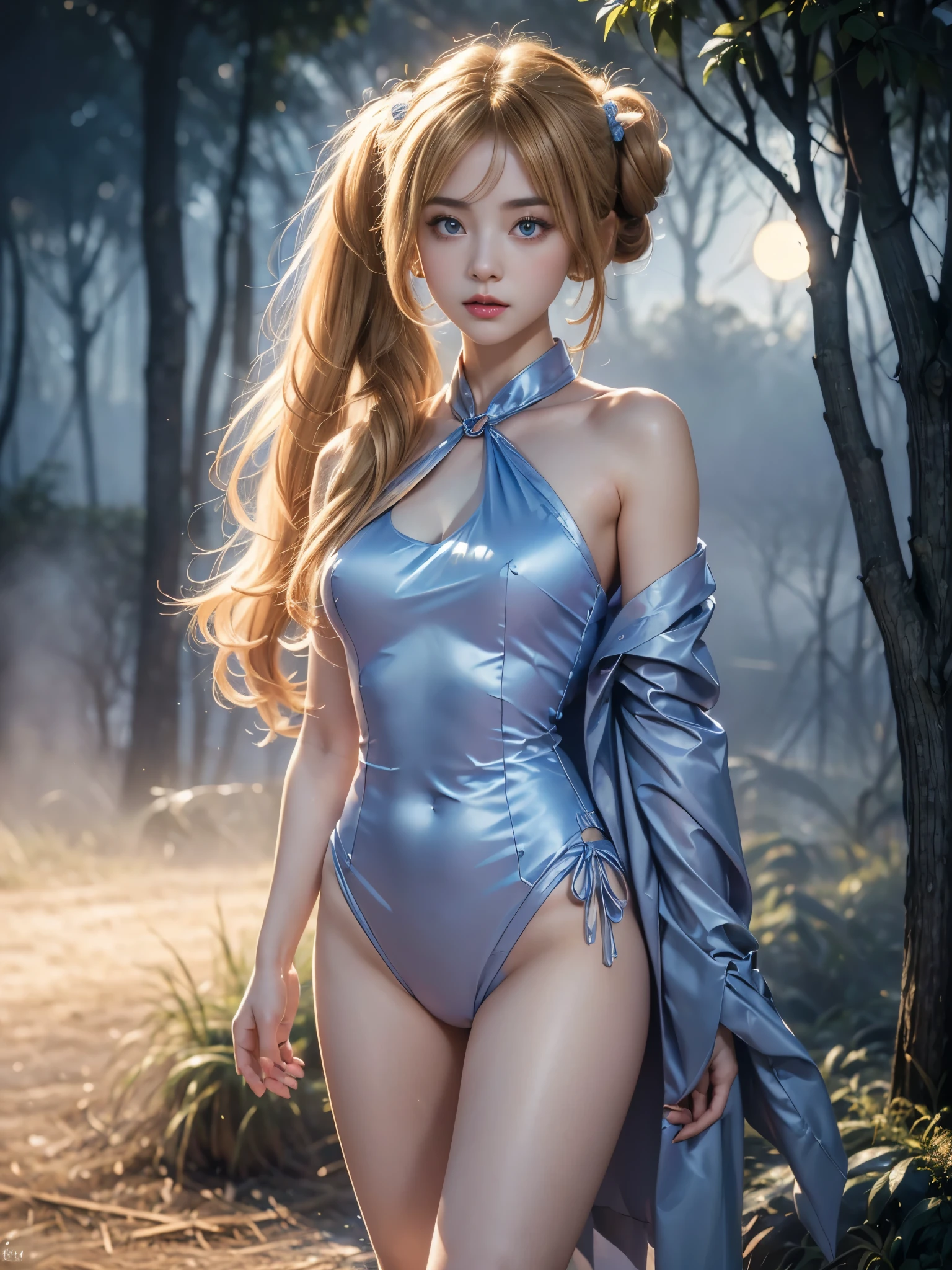 ((RAW photo), absurd, (absurdresolution)), masterpiece, best quality, (Extremely detailed 8k unity CG wallpaper), (best illustration), (best shadow), Realistic lighting, beautiful detailed glow, ((21 years old, the most beautiful young girl, beautiful, innocent face)), (standing looking at viewer, leg slightly bent), (luminous golden blonde hair, two big buns, long pigtails), (perfect blue pupil, defined, sharp), (((lord luna, very feminine formal suit, straw color))), ((background: hinoki trees and fog)), (her: dynamic pose of transformation to lord luna)