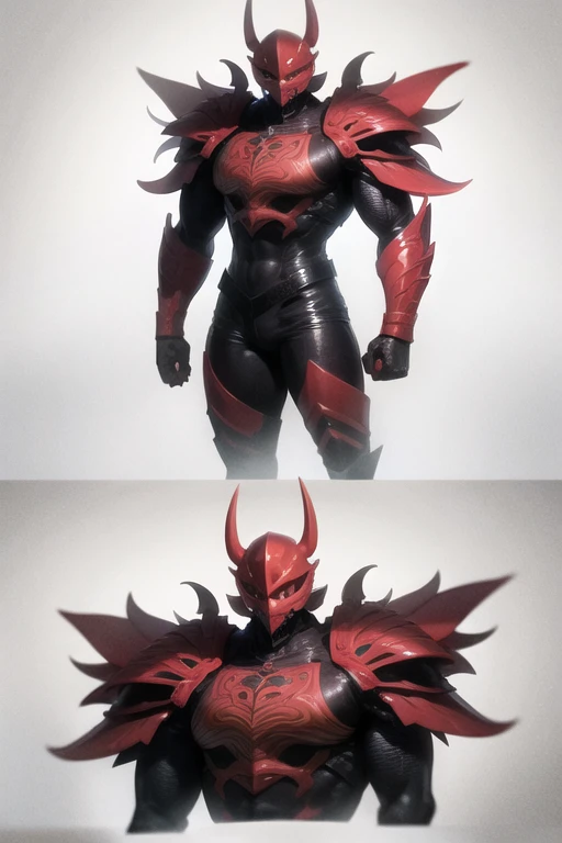 A villain wears completely closed black armor with red details on the armor, on the gloves, he has claws and on his helmet, he has large horns 
