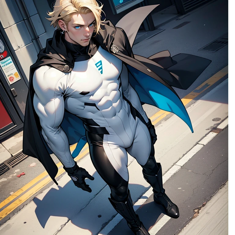 ((masterpiece)), (((best quality))), superhero, 1 male, pale white skin, light blonde hair, medium hair, straight hair, handsome man, detailed background of a city, blue eyes, earrings, tight white and black supersuit, cape, tall boots, detailed face, full body, highest quality, highly detailed, original, high resolution CG Unit 8k wallpaper, (best quality, artwork, masterpiece, 4k)