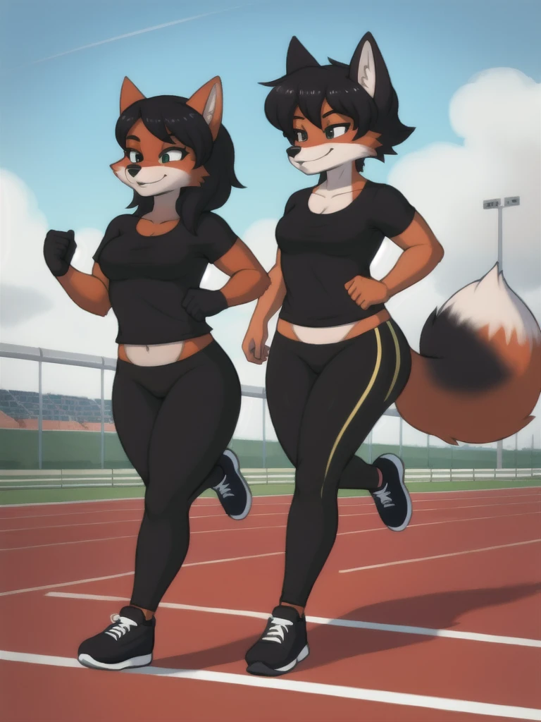 Furry, fox, female, black shirt, black leggings, shoes, running track, friends, full body