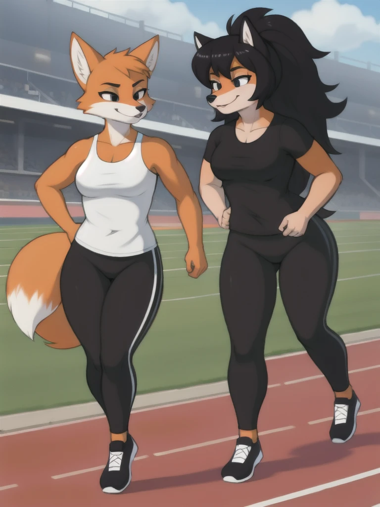 Furry, fox, female, black shirt, black leggings, shoes, running track, friends, full body