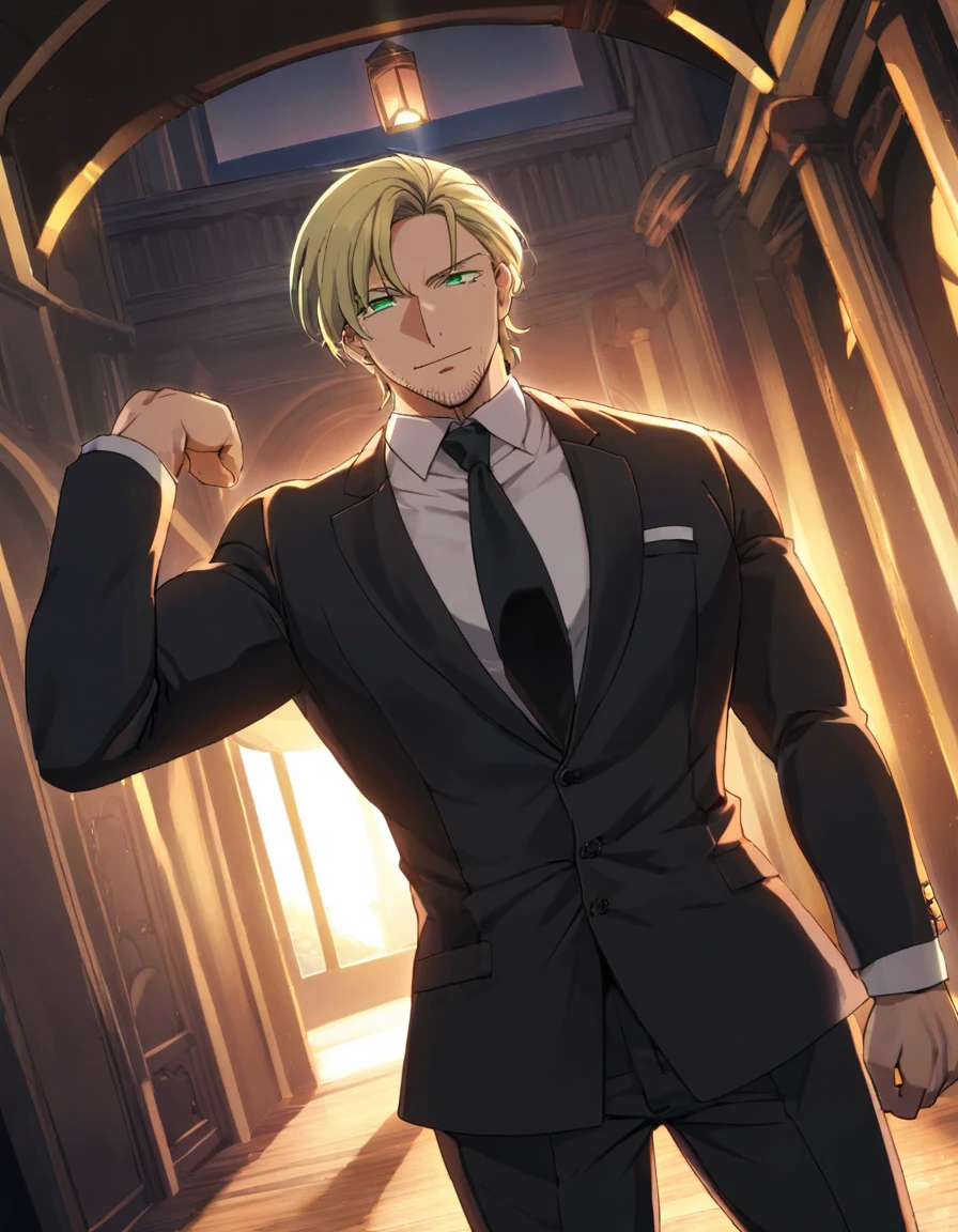 1man, veteran spy agent, handsome mature, business hair with asymmetrical bangs, narrow stubble, green platina blond hair, emerald eyes, 45yo, charming caucasian, ordinary uncle, pentagon shaped head, BREAK ideal ratio body proportions, middle weight muscular, beautiful detailed eyes, dark iris, BREAK solo, businessman in black suit, black necktie, white shirt, softly smile, BREAK upperlegs, dandy posing, dramatic expression, 2000s, visual novel, in newest eroge style, dutch angle, cinematic shadows, cinematic lighting, lens flare, light leaks, epic scene, extreme all detailed, masterpiece, best quality