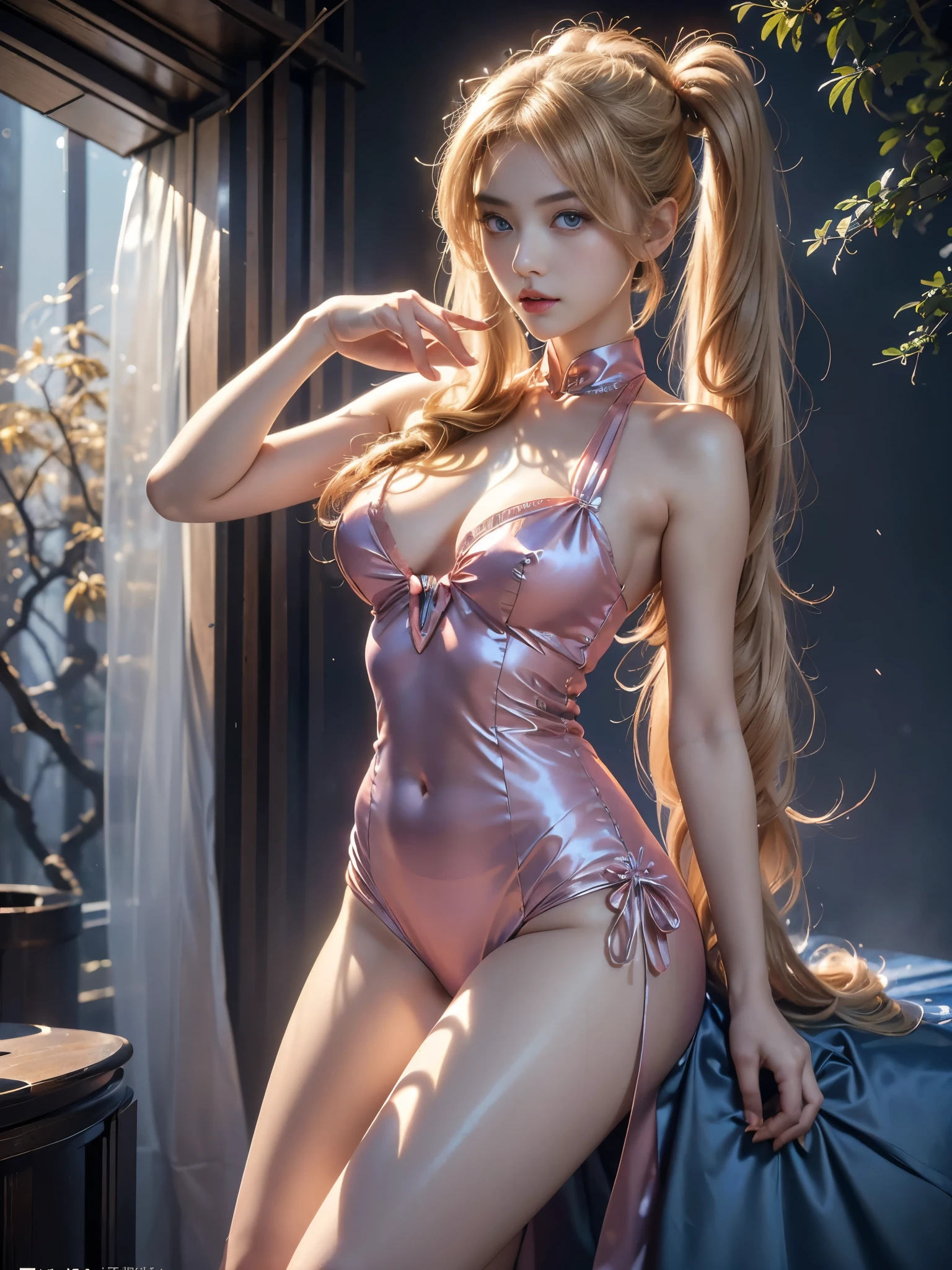 ((RAW photo), absurd, (absurdresolution)), masterpiece, best quality, (Extremely detailed 8k unity CG wallpaper), (best illustration), (best shadow), Realistic lighting, beautiful detailed glow, ((21 years old, the most beautiful young girl, beautiful, innocent face)), (standing looking at viewer, leg slightly bent), (luminous golden blonde hair, two big buns, long pigtails), (perfect blue pupil, defined, sharp), (((lord luna, very feminine formal suit, straw color))), ((background: hinoki trees and fog)), (her: dynamic pose of transformation to lord luna)