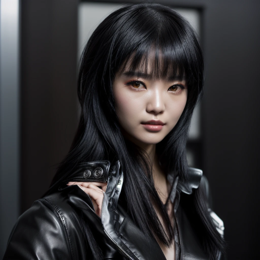 Alaf Asian woman in leather jacket poses for photo, She has black hair with bangs, seductive Tifa Lockhart portrait, Cyberpunk girl with jet black hair, Tifa Lockhart portrait, Super villain IU Lee Ji-eun, Ishida Sui with black hair, portrait of Tifa Lockhart, Tifa Lockhart, Inspired by Ma Yuanyu, Anime Girl Cosplay