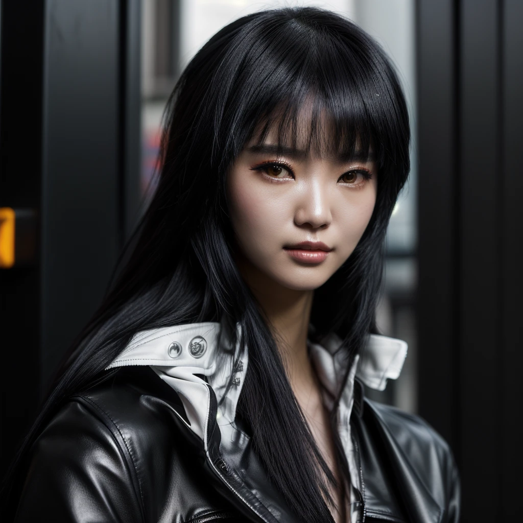 Alaf Asian woman in leather jacket poses for photo, She has black hair with bangs, seductive Tifa Lockhart portrait, Cyberpunk girl with jet black hair, Tifa Lockhart portrait, Super villain IU Lee Ji-eun, Ishida Sui with black hair, portrait of Tifa Lockhart, Tifa Lockhart, Inspired by Ma Yuanyu, Anime Girl Cosplay