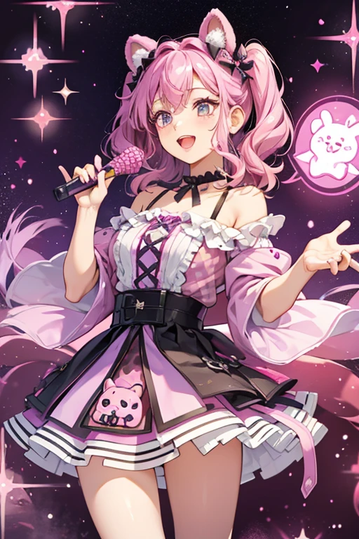 A dark purple ice cream girl bear with pink waffle ears and a drizzle. She has a wide opened mouth. SPARKLE; GLITTER