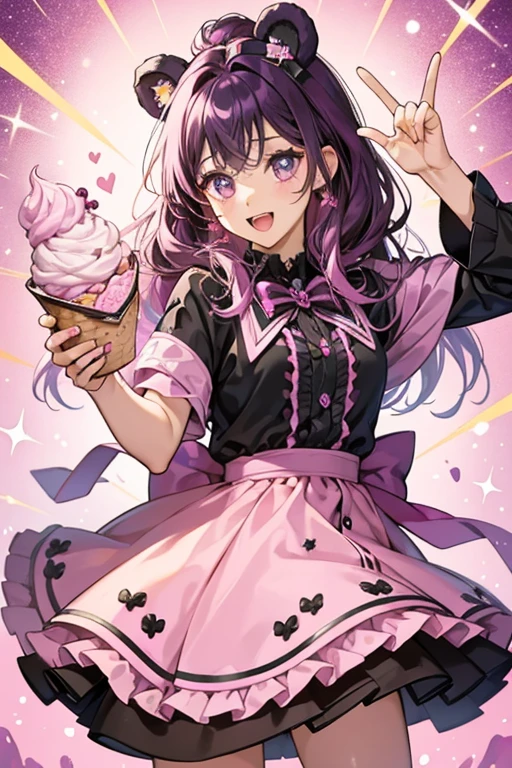 A dark purple ice cream girl bear with pink waffle ears and a drizzle. She has a wide opened mouth. SPARKLE; GLITTER