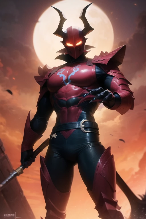 A villain wears completely closed black armor with red details on the armor, on the gloves, he has claws and on his helmet, he has large horns 