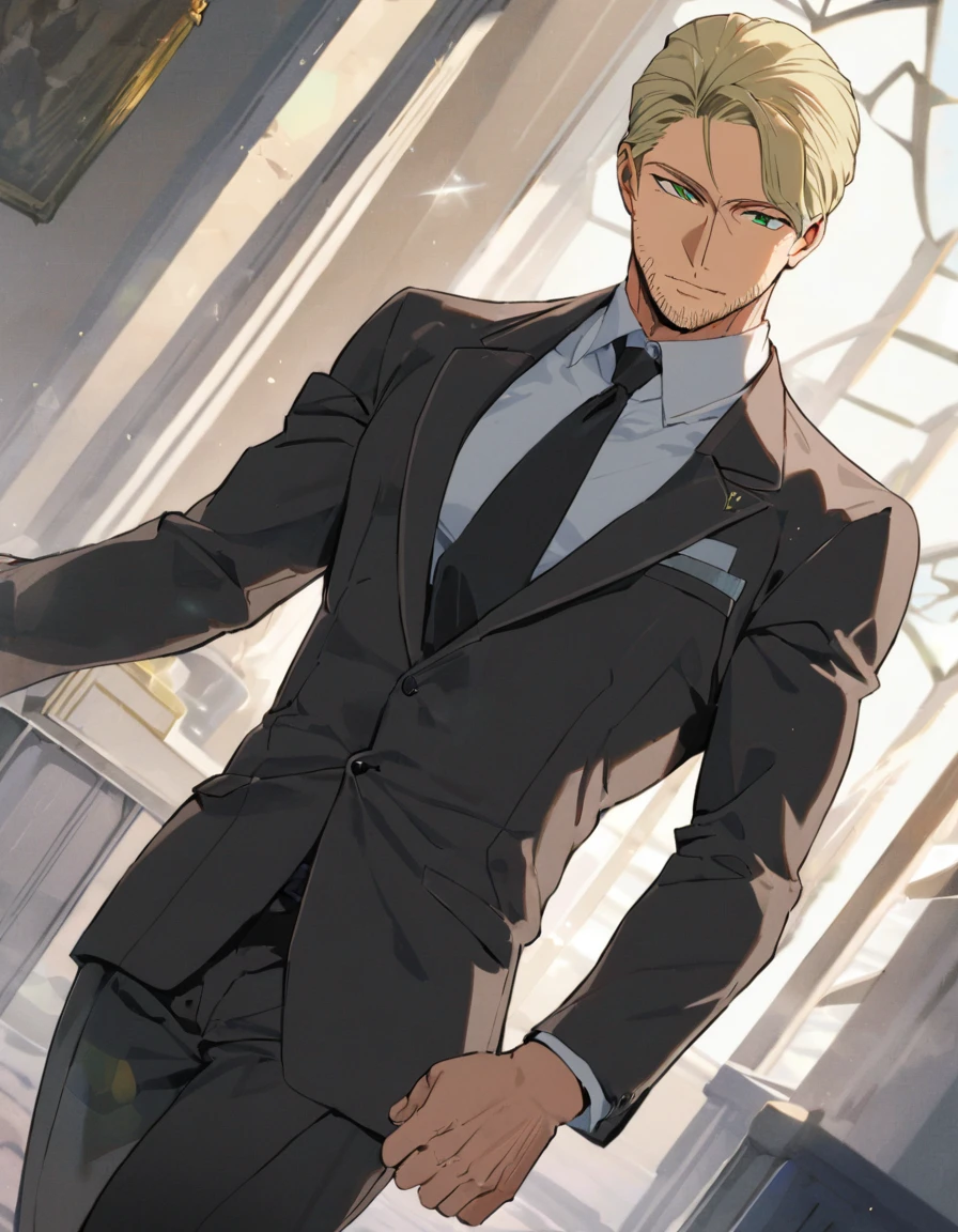 1man, veteran spy agent, handsome mature, business hair with asymmetrical bangs, narrow stubble, green platina blond hair, emerald eyes, 45yo, charming caucasian, ordinary uncle, pentagon shaped head, BREAK ideal ratio body proportions, middle weight muscular, beautiful detailed eyes, dark iris, BREAK solo, businessman in black suit, black necktie, white shirt, softly smile, BREAK upperlegs, dandy posing, dramatic expression, 2000s, visual novel, in newest eroge style, dutch angle, cinematic shadows, cinematic lighting, lens flare, light leaks, epic scene, extreme all detailed, masterpiece, best quality