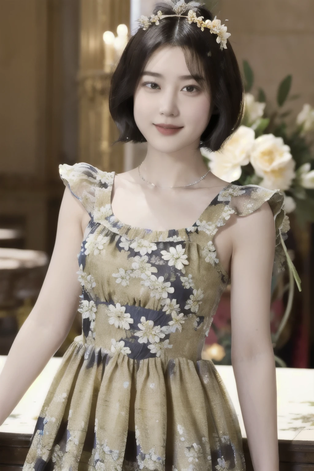 266 (20-year-old princess,Are standing), (Tabletop), ((short hair:1.46)), (chest:1.0), (A kind smile:0.9), (Floral Dress:1.46), (Majestic Palace:1.46) 80