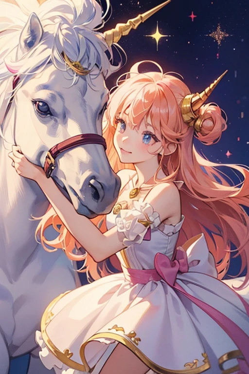 A swirling white ice cream girl unicorn with a gold horn and fuchsia tuft of hair. She has a chiffon muzzle and no mouth, and one eye is shut. She wears an orange bow. SPARKLE; GLITTER