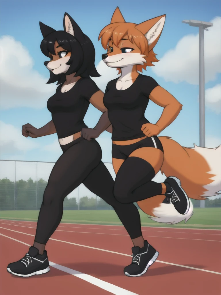 Furry, fox, female, black shirt, black leggings, shoes, running track, friends, full body