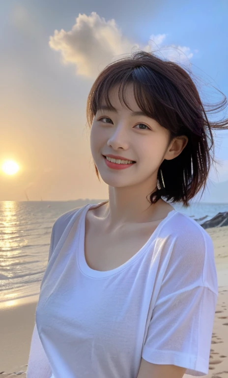 (a gorgeous korean lady, age 20s, wearing a wet oversized white high-neck t-shirt, pleated skirt, posing naturally at a windy beach, (beach by the sea:1.2),
Joyful expression, kind smile, dimpled cheeks, short ponytail, short bob hair, cute snaggleteeth, ample round bosom, perfect body anatomy, photorealistic, beautiful detailed eyes, hyper-realism, high contrast, ultra HD, realistic skin textures, top image quality, top-quality, super high resolution, fine details, serene ambience, very meticulously, high angle shot, medium shot, cowboy shot, sun rays, lens flare, SFW)